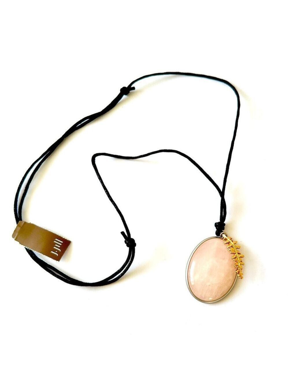 J.Jill Rose Quartz Pendant Necklace Gold Leaf Accent Adjustable Cord NWT